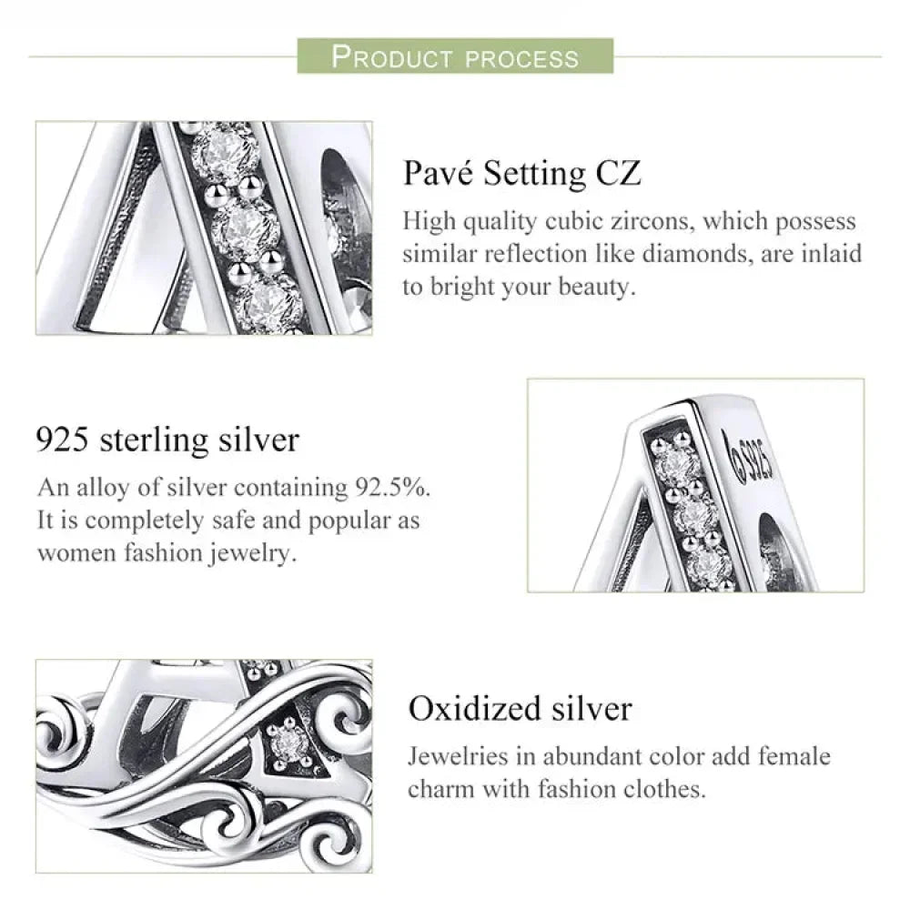 Chic 925 Sterling Silver Cz Alphabet Beads For Charm Bracelet - Vintage A To Z Letter Charms (Bsc030)