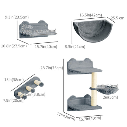 Cat Wall Shelves, 3PCs Cat Shelves with Hammock, Scratching Post, 3 Steps, Jumping Platforms, Wall Mounted Cat Climber, Grey