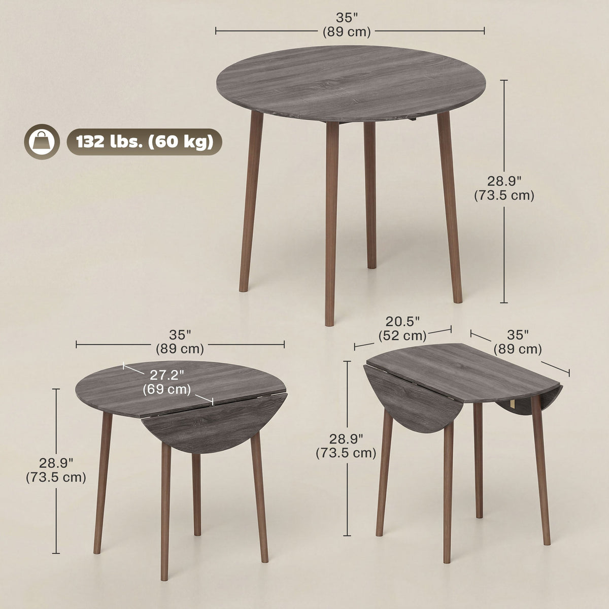 Folding Dining Table, Round Drop Leaf Kitchen Table for Small Spaces with Wood Legs, Oak