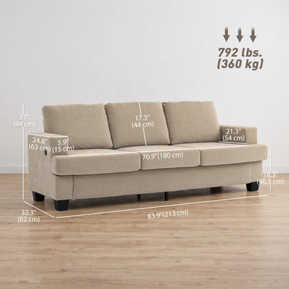 3 Seater Sofa with USB Ports & Cup Holders, Chenille-Feel Upholstered Couch for Living Room, Grey