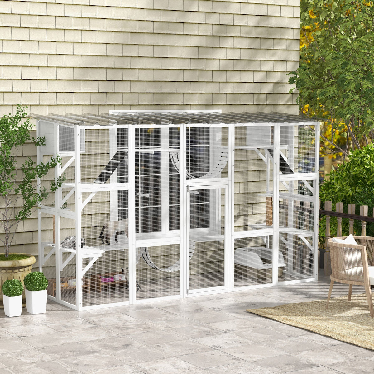Large Outdoor Catio with Condos, Platforms, Doors, Ladders, Weather-Resistant Roof, Grey