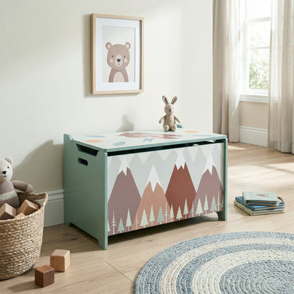 Toy Box, Kids Storage Chest with Lid, Safety Hinges and Groove Handles, Toy Storage Organizer with Mountain Pattern for Boys, Girls, Green