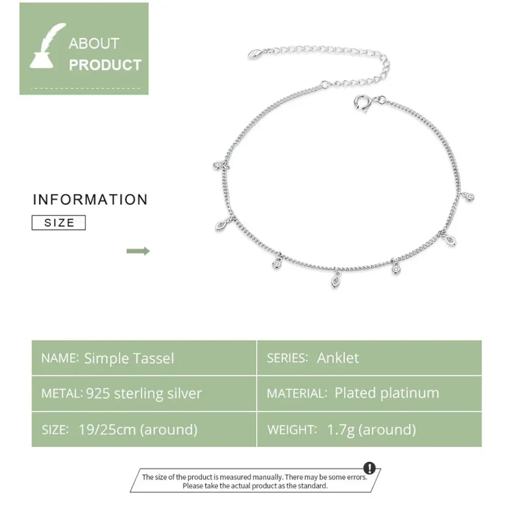 Authentic 925 Sterling Silver Minimalism Tassel Chain Anklet for Women