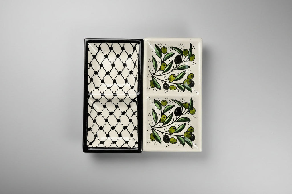Handcrafted Ceramic Dual Appetizer Plate | Kuffiyeh & Olive Harmony Designs