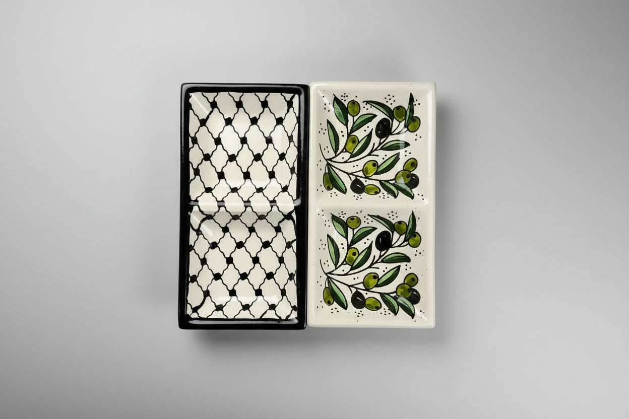 Handcrafted Ceramic Dual Appetizer Plate | Kuffiyeh & Olive Harmony Designs