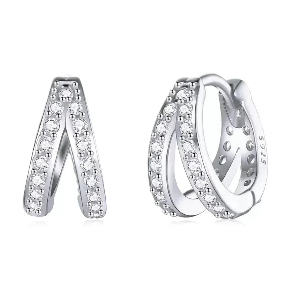 925 Sterling Silver Elegant Geometry Zircon Crystal Double Rings Ear Hoop Earrings