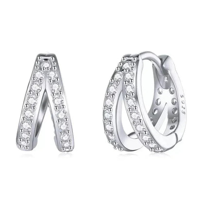 925 Sterling Silver Elegant Geometry Zircon Crystal Double Rings Ear Hoop Earrings
