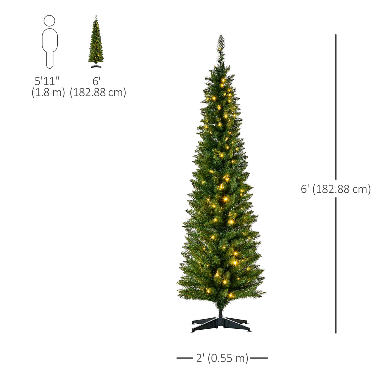 6' Pre Lit Artificial Pencil Christmas Trees, Xmas Tree with Realistic Branches and Warm White LED Lights, Green