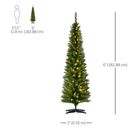 6' Pre Lit Artificial Pencil Christmas Trees, Xmas Tree with Realistic Branches and Warm White LED Lights, Green