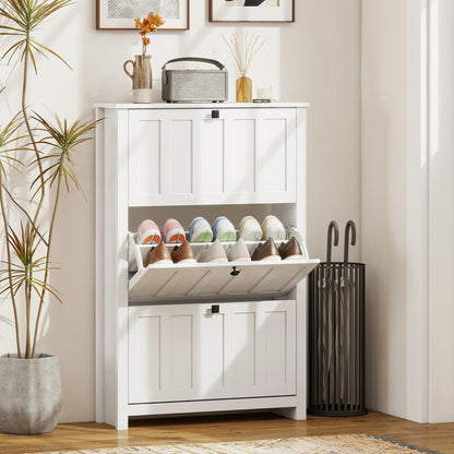 Slim Shoe Cabinet with 3 Flip Drawers, Shoe Storage Cabinet with Adjustable Shelves for Entryway, Holds 12 Pairs, White