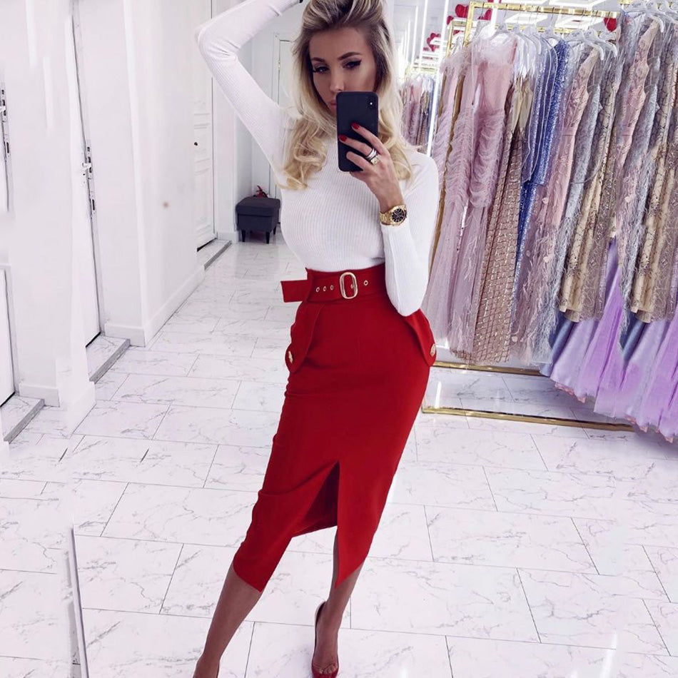 Belted Slit Skirt