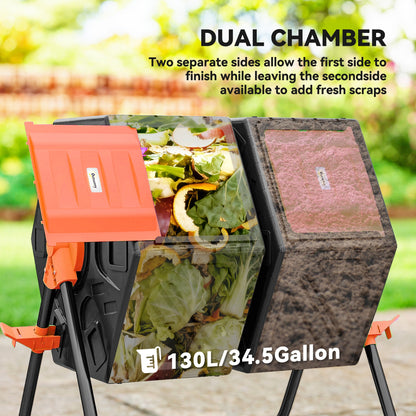 Rotating Composter, Dual Chamber Compost Bin with 24 Vents and Steel Legs, 34.5 Gallon, Brown