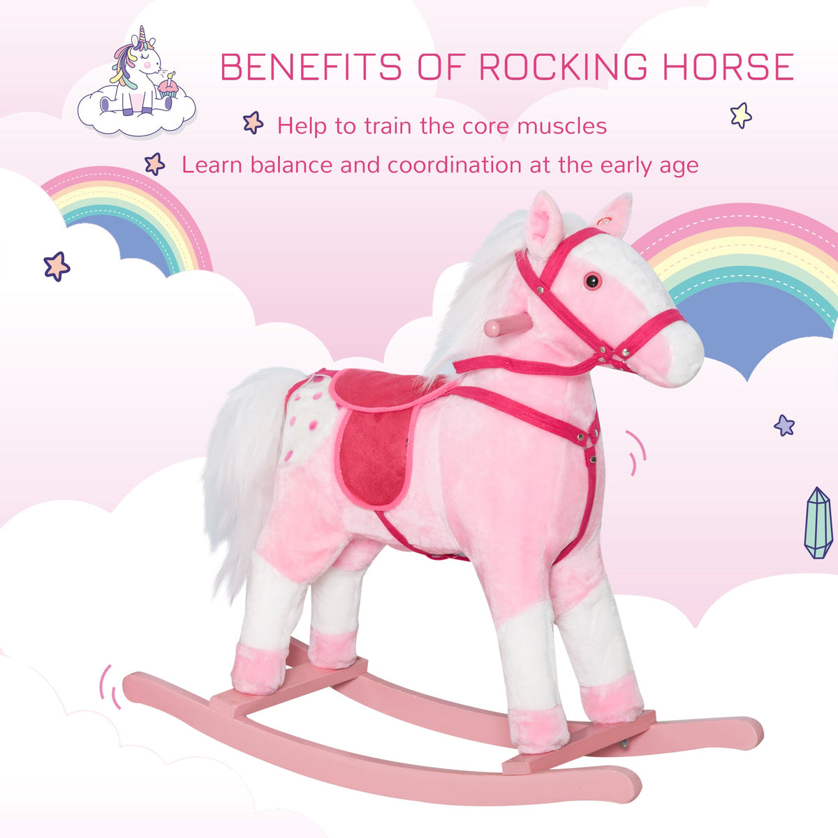 Rocking Horse Plush Pony Children Kid Ride on Toy w/ Realistic Sound (Light Pink)