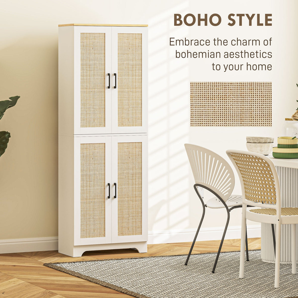 67" Tall Kitchen Pantry, Freestanding Kitchen Storage Cabinet with 4 Rattan Doors and Adjustable Shelves, Oak