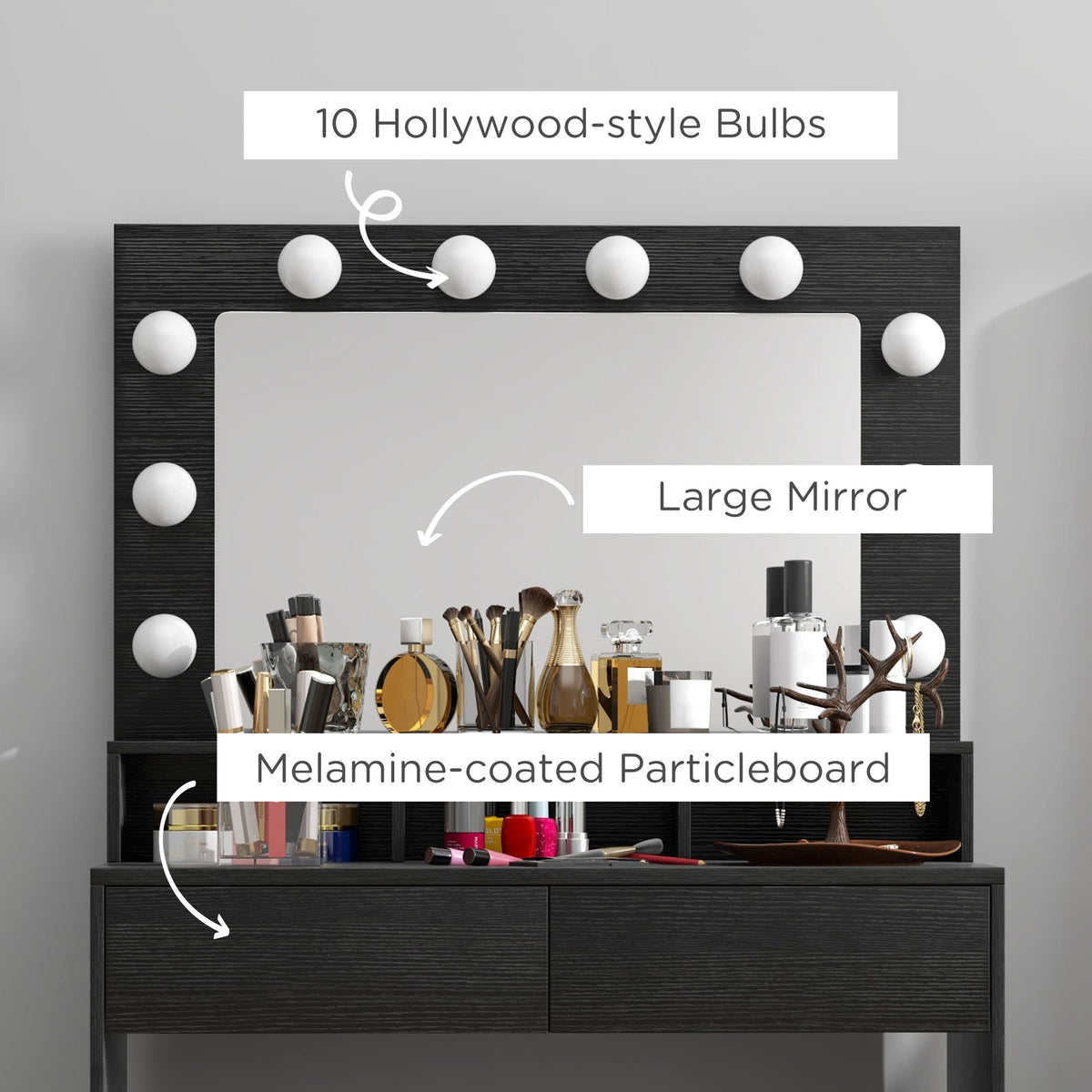 Vanity Table, Makeup Dressing Table with LED Lighting Mirror, Drawers, for Bedroom, Black