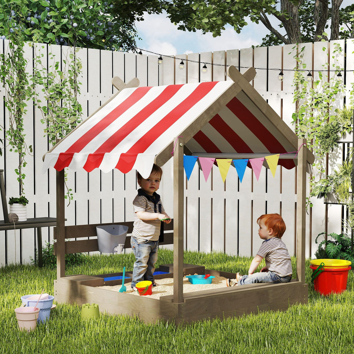 Outdoor Wooden Sandbox with Cover for 3-7 Years Old, Backyard, Brown
