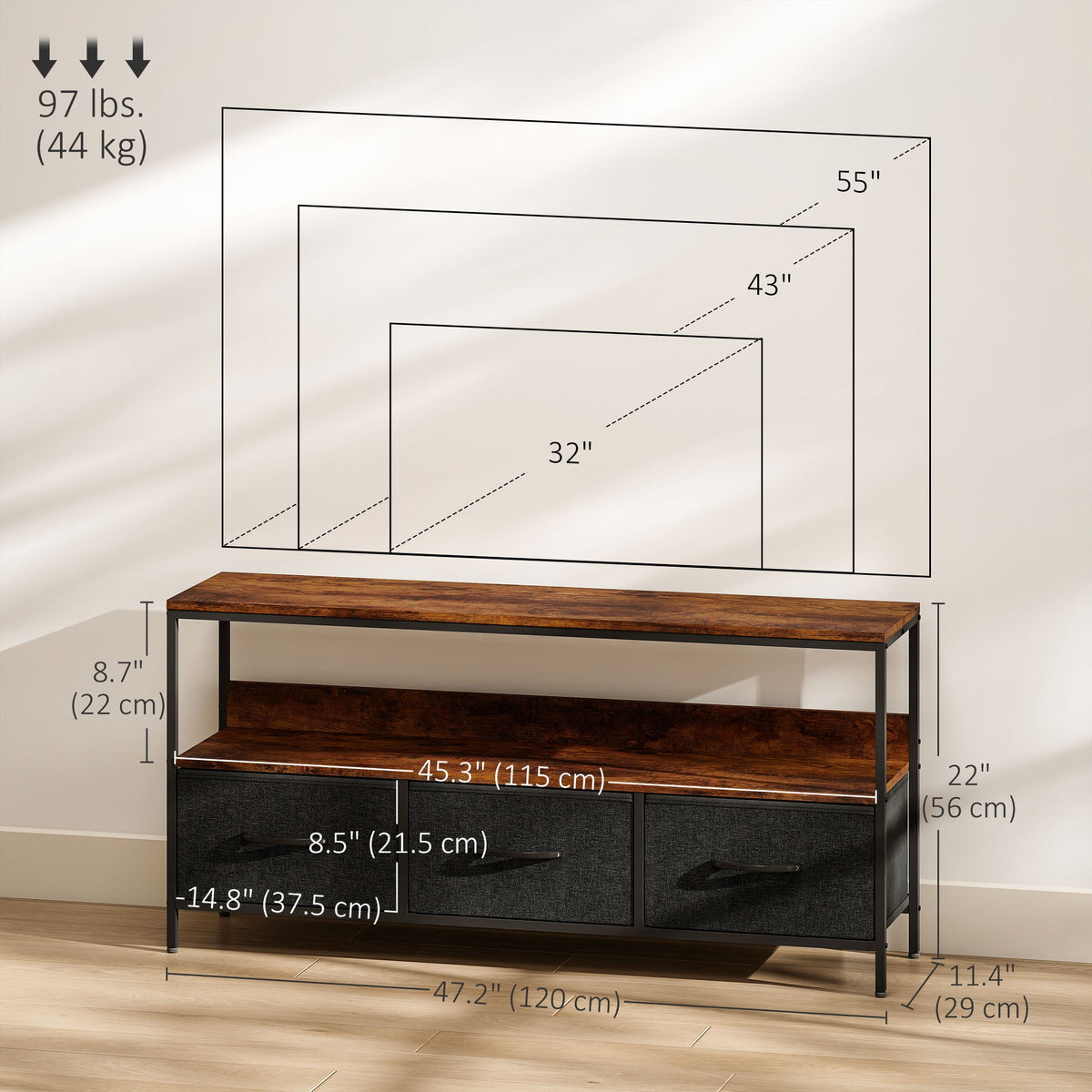 TV Stand with Charging Station, TV Table with 2 Foldable Linen Drawers and Open Shelf for 47 Inch Television, Black