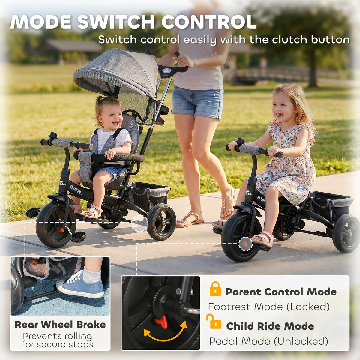 6 in 1 Toddler Tricycle Stroller with Basket, Canopy, 5-point Safety Harness, for 12-60 Months, Grey