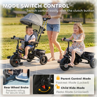 6 in 1 Toddler Tricycle Stroller with Basket, Canopy, 5-point Safety Harness, for 12-60 Months, Grey
