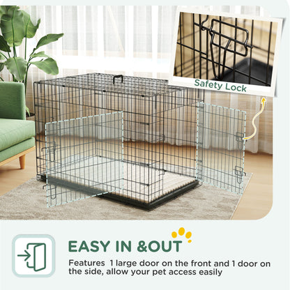 24" Dog Crate with 2 Doors, Folding Metal Dog Cage with Soft Cushion, Removable Tray, Handle for Extra Small Dogs, Black
