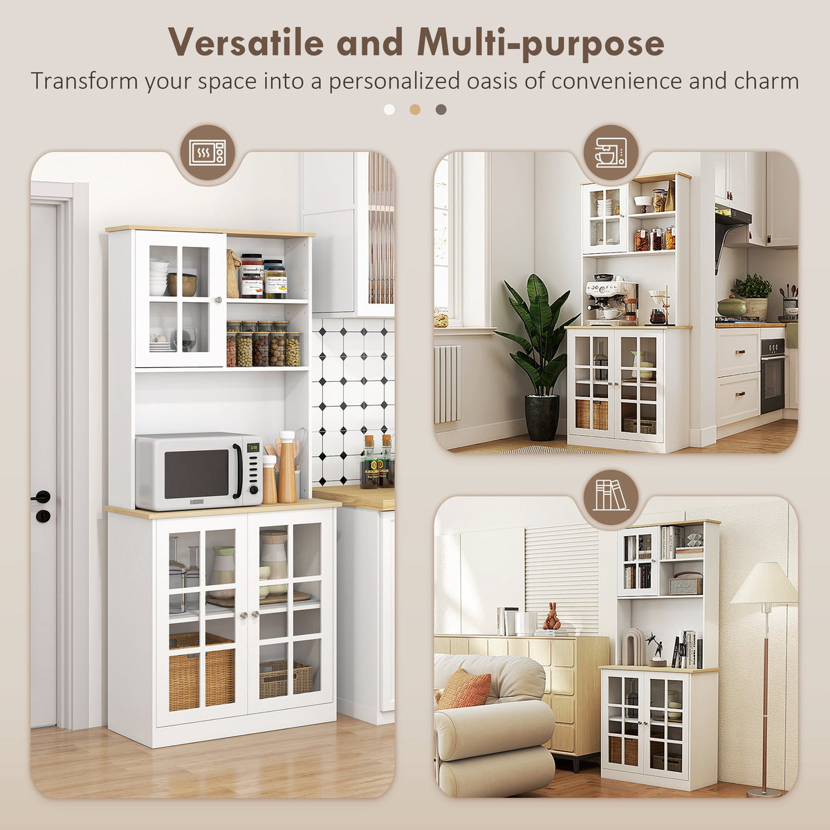 Kitchen Buffet with Hutch, Storage Pantry with 3 Cabinets, 2 Open Shelves and Large Countertop, Black