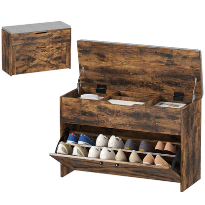 Shoe Storage Bench with Flip Drawer and Lift Top Storage, Entryway Bench with Seat Cushion for Hallway, Black