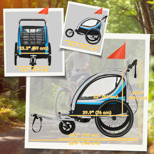 3-in-1 Bike Trailer for Kids, Running Stroller with 2 Seats, Jogging Cart with 5-Point Harness, Storage Units, Blue