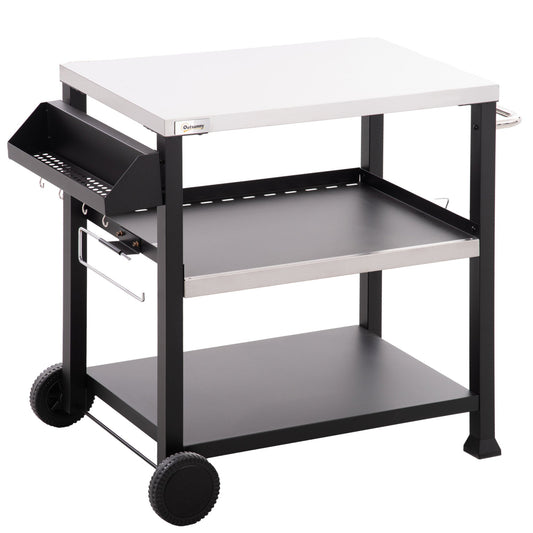 3-Shelf Outdoor Grill Cart Table with Side Handle, Stainless Steel Pizza Oven Stand on Wheels, Black