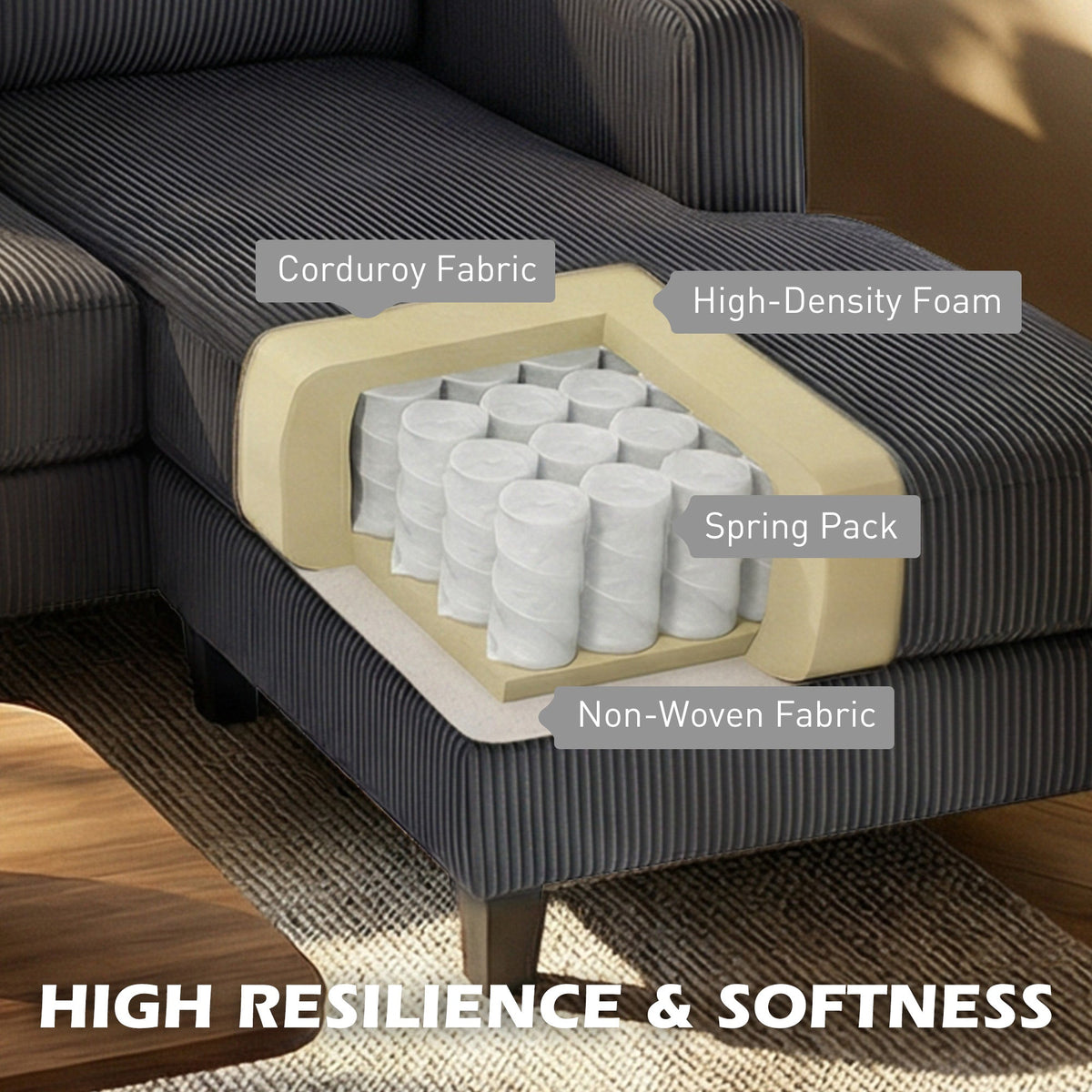 L Shaped Couch, L Shape Sofa with Chaise Lounge and Spring Cushion for Living Room, Bedroom, Beige