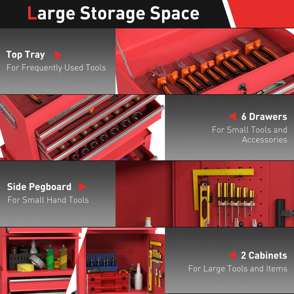 Large Tool Cabinet, 3-in-1 Rolling Tool Chest, Detachable Tool Storage Organizer with 6 Drawers and Pegboard, Black