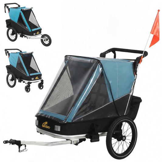 3-in-1 Bike Trailer for Kids, Baby Stroller and Jogger, Foldable Child Bicycle Trailer with Reclining Seat, Blue