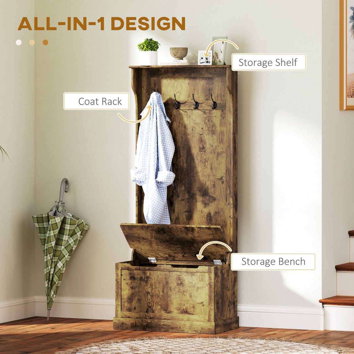 4-In-1 Hall Tree with Coat Rack, Top Shelf, Shoe Storage and Bench Seat, Entryway Bench with 4 Hooks