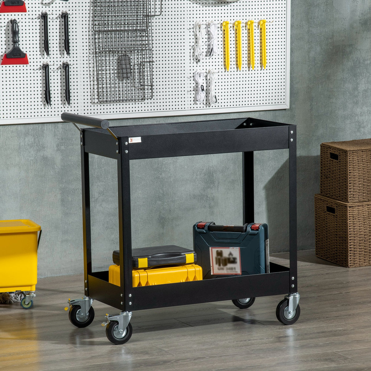 Rolling Tool Cart, 2 Tier Mobile Service Utility Cart with Wheels, Black