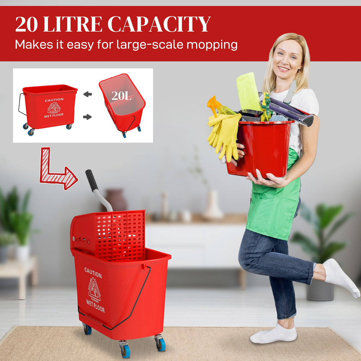 Compact Mop Bucket with Wringer, Mop Bucket on Wheels, 5 Gallon, Separate Dirty and Clean Water, Yellow