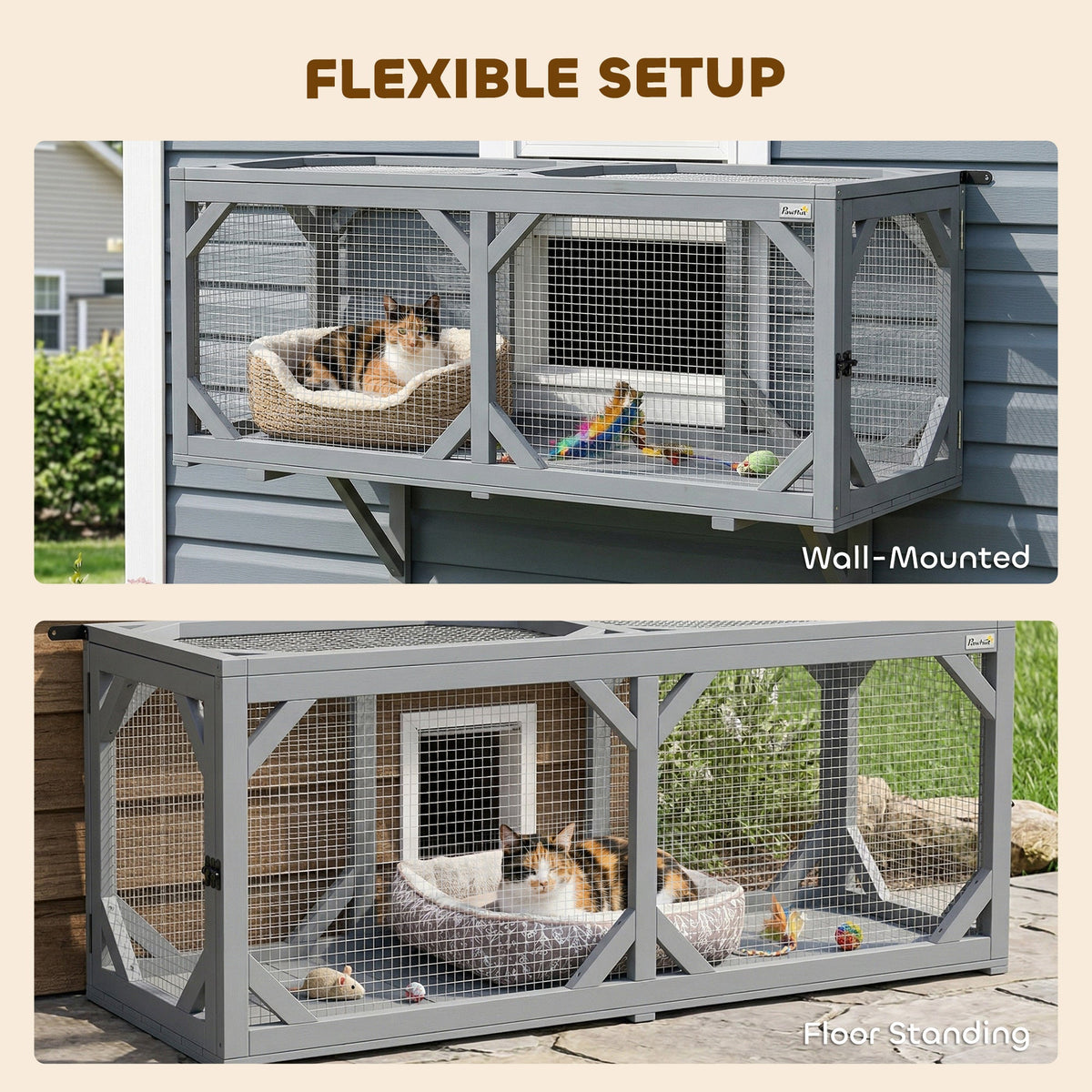 Cat Tunnel, Wooden Catio Outdoor Cat Enclosure with 2 Doors and Extendable Design, Wall-Mounted Pet Run