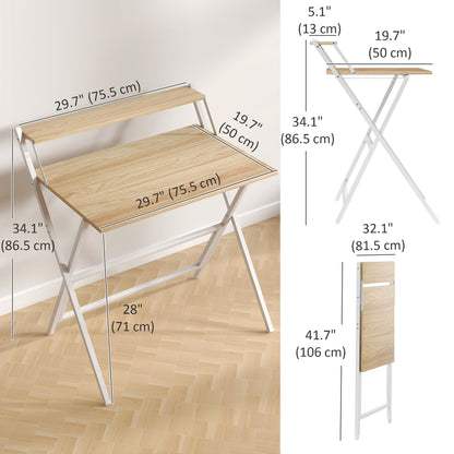 Folding Computer Desk, 32" Foldable Desk with Monitor Shelf for Small Space, Home Office, Easy Assembly, Natural Wood