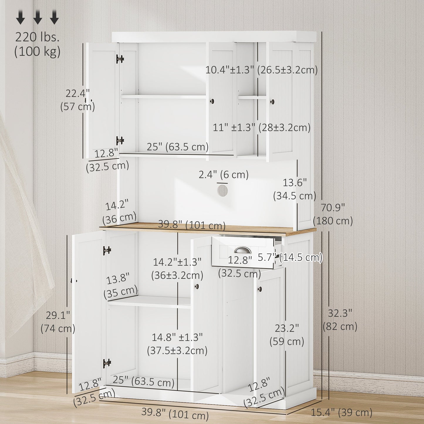 Denver 71" Kitchen Storage Cabinet with Hutch-White/Oak