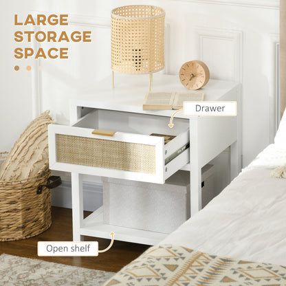 Boho Nightstand, Bedside Table with Rattan Drawer and Open Shelf, Side End Table for Bedroom, Living Room