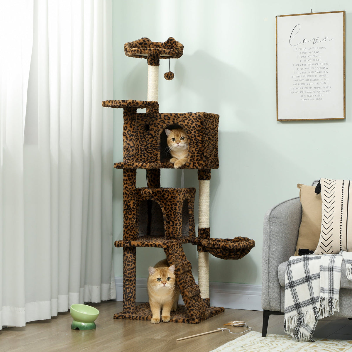 63 Inch Cat Tree with Sisal Scratching Posts, Condos, Plush Perches, Hammock, Ladder, Dangling Balls, Beige