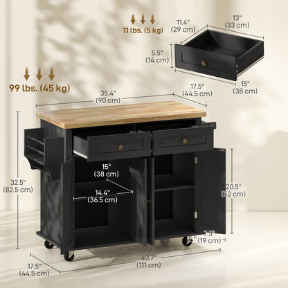 Kitchen Island with Storage, Rolling Trolley Cart with Rubber Wood Top, Spice Rack, Towel Rack, Brown Oak