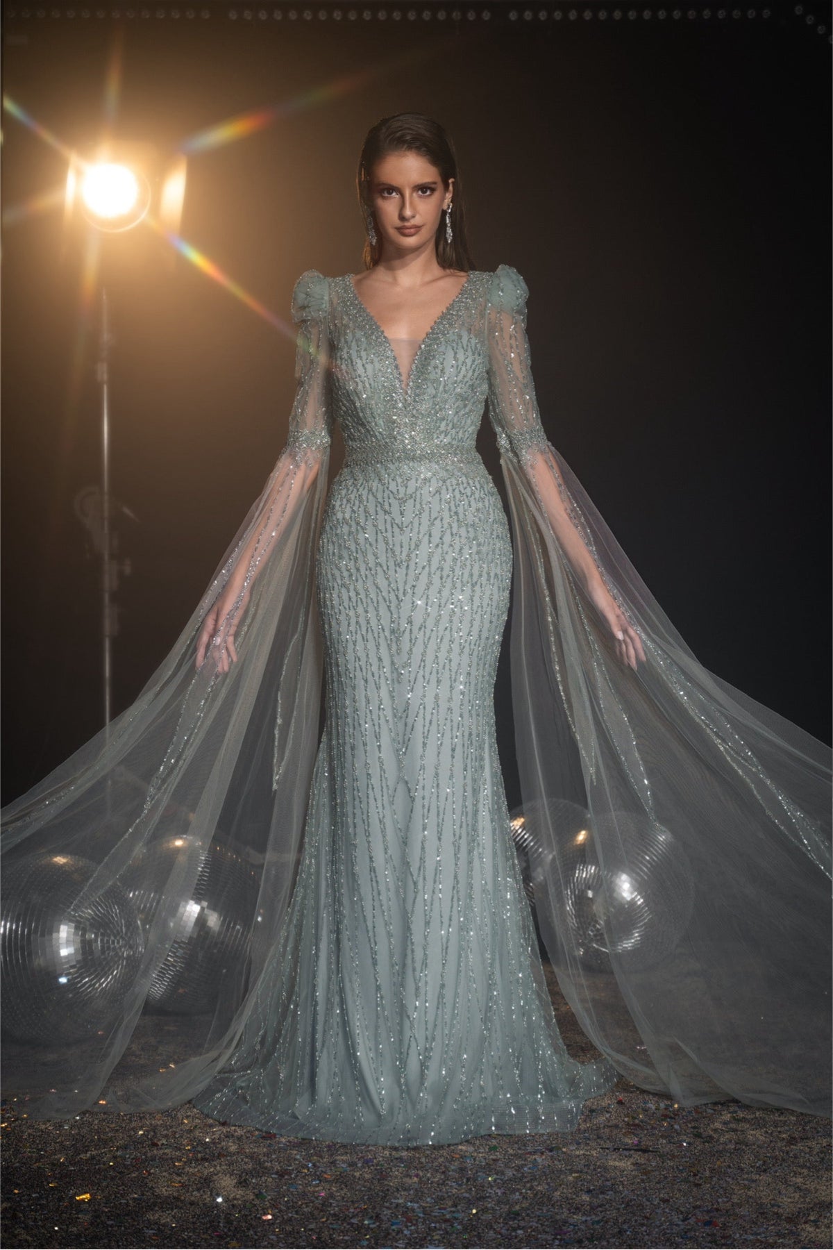 Embellished cape sleeves Evening Gown