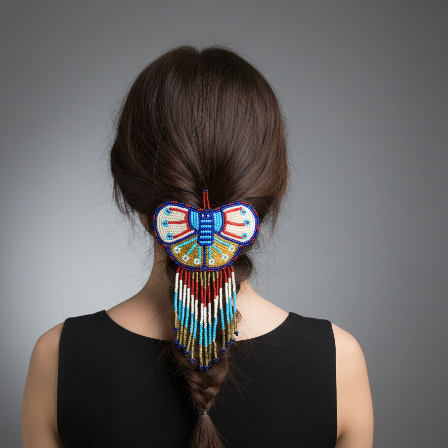 Butterfly Beaded Barrettes with Fringes Blue & White