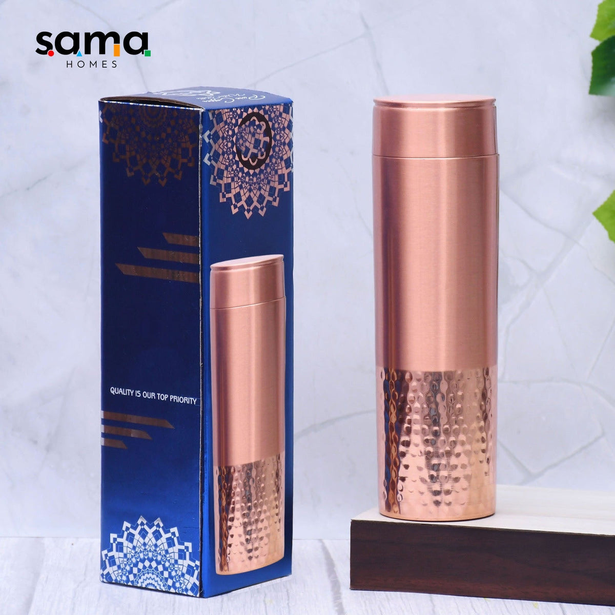 Pure Copper Water Bottle Half Hammered and Half Matt Straight Capacity 1000ML