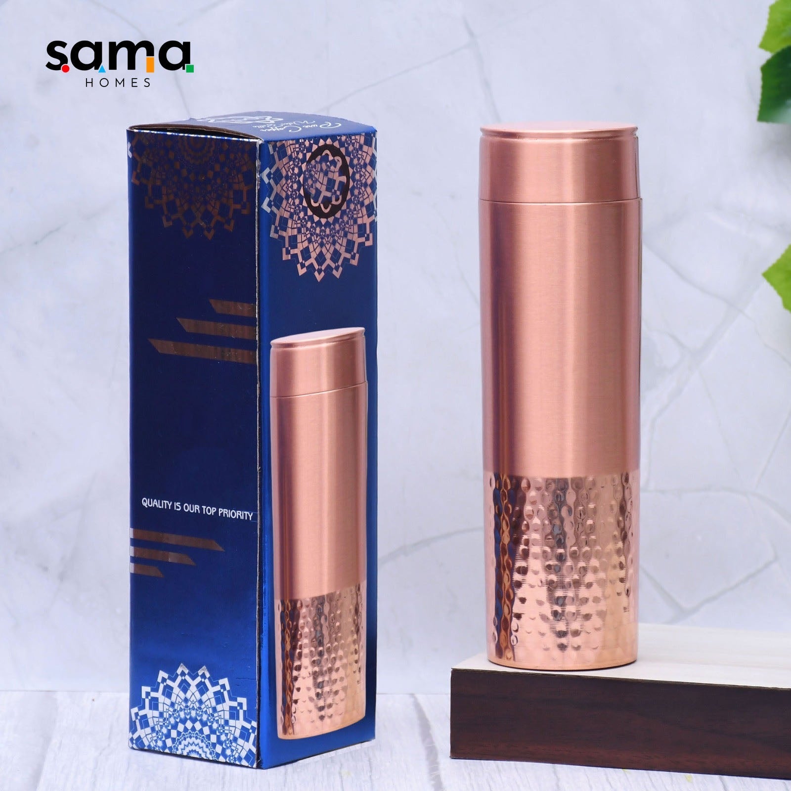 Pure Copper Water Bottle Half Hammered and Half Matt Straight Capacity 1000ML