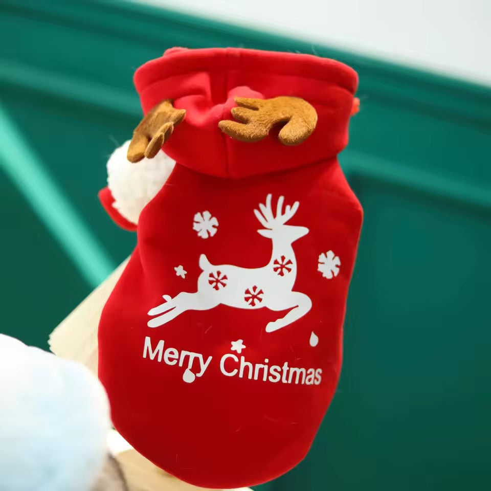 Merry Christmas Reindeer Dog Hoodie – Cozy Red & White Holiday Sweater
