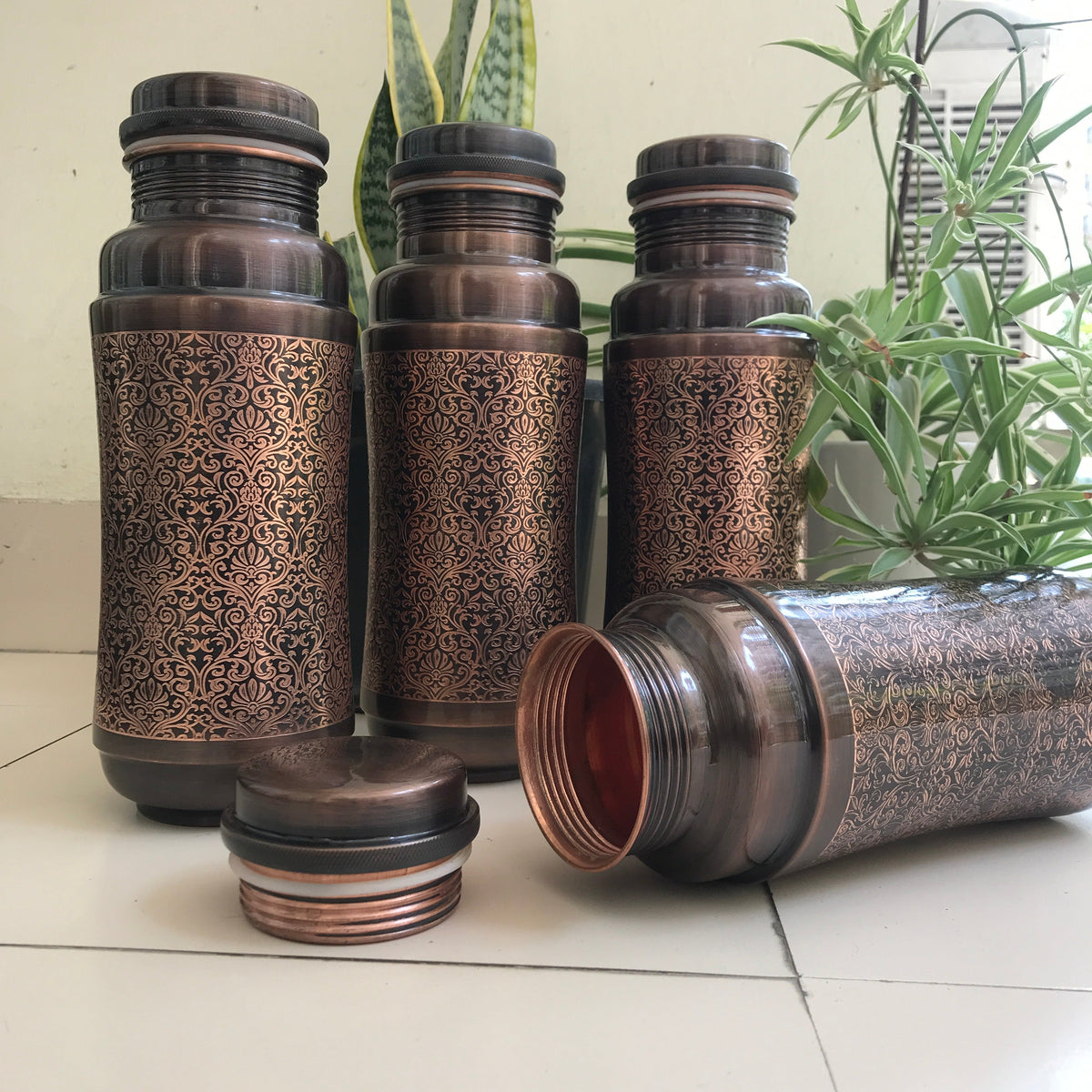Pure Copper Jumbo Water Bottle (1300ML) | Black Antique Engraving | Handcrafted, Ayurvedic & Sustainable Hydration