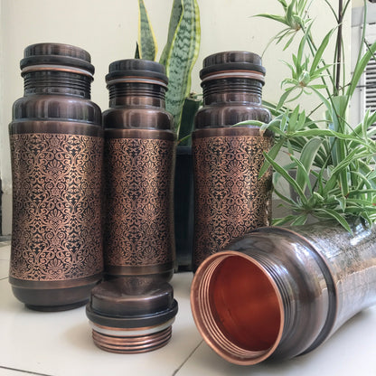 Pure Copper Jumbo Water Bottle (1300ML) | Black Antique Engraving | Handcrafted, Ayurvedic & Sustainable Hydration