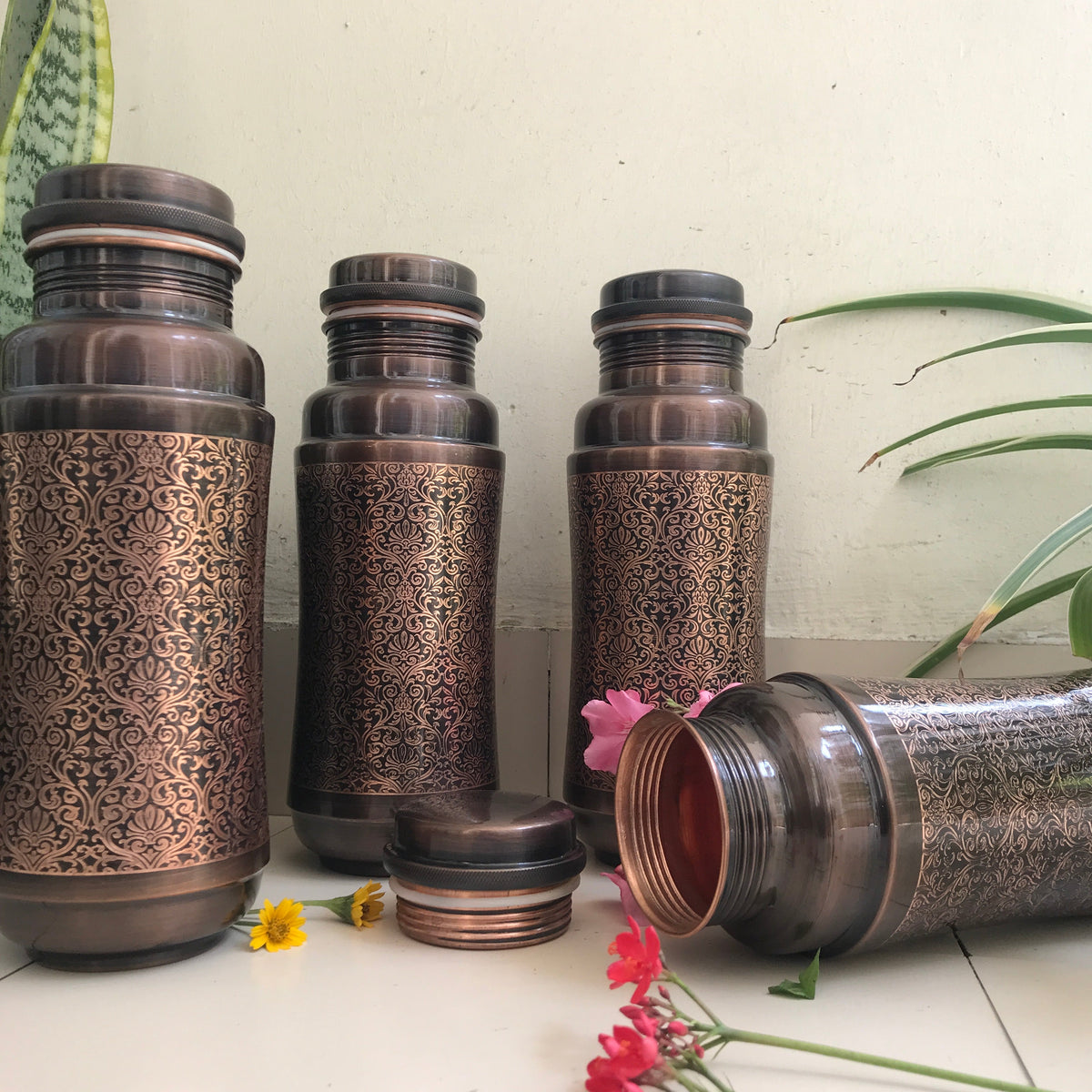 Pure Copper Jumbo Water Bottle (1300ML) | Black Antique Engraving | Handcrafted, Ayurvedic & Sustainable Hydration