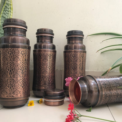 Pure Copper Jumbo Water Bottle (1300ML) | Black Antique Engraving | Handcrafted, Ayurvedic & Sustainable Hydration