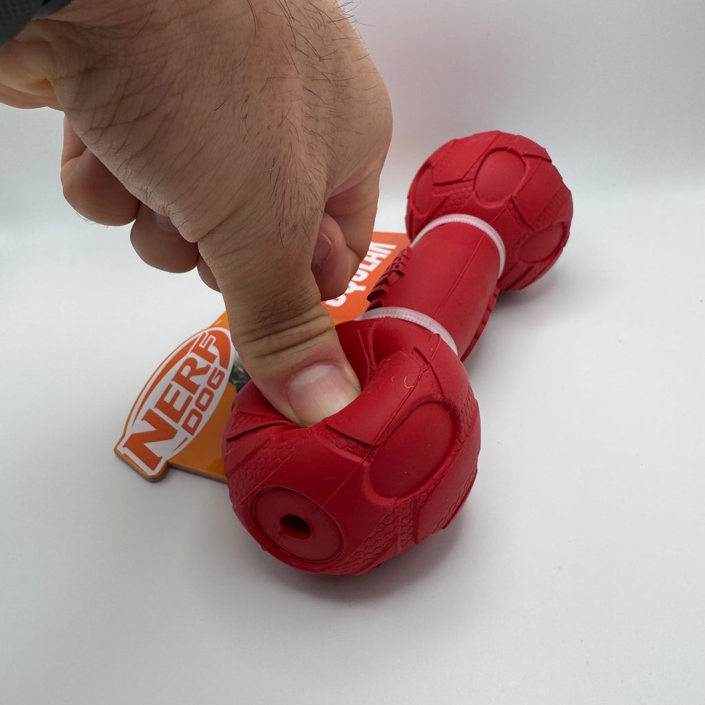 Durable Dog Squeak Barbell Toy – Red for Active Chewers